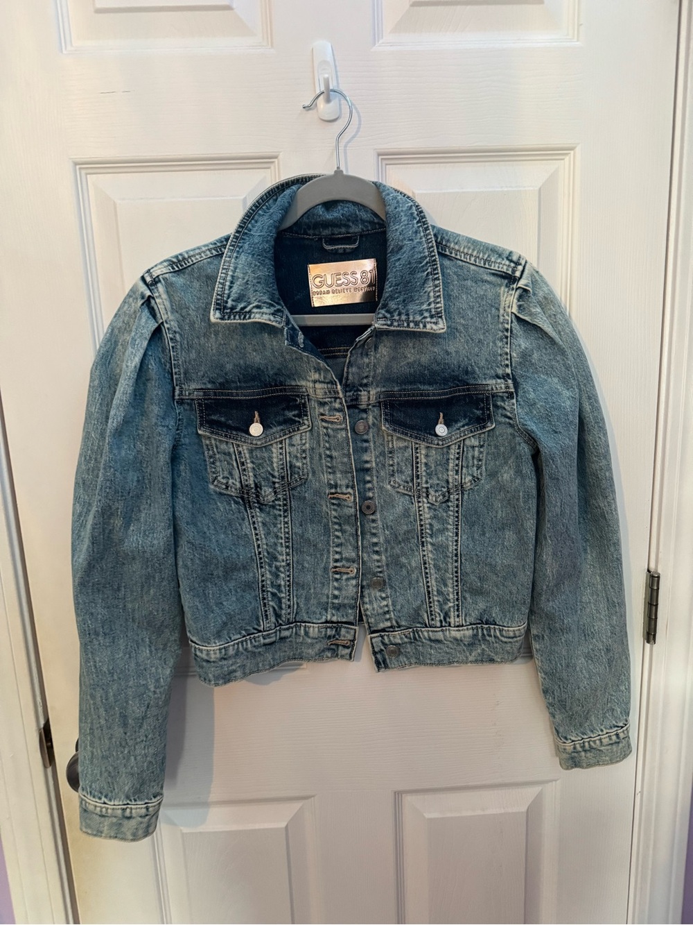 GUESS Black Leather Logo Patch Denim Jacket